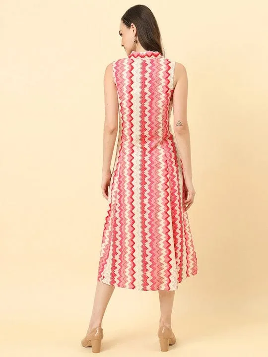 Varanga Women White Pink Chevron Printed A Line Dress Vdrs41120