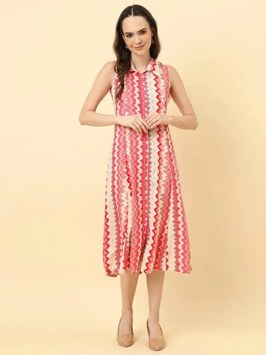 Varanga Women White Pink Chevron Printed A Line Dress Vdrs41120