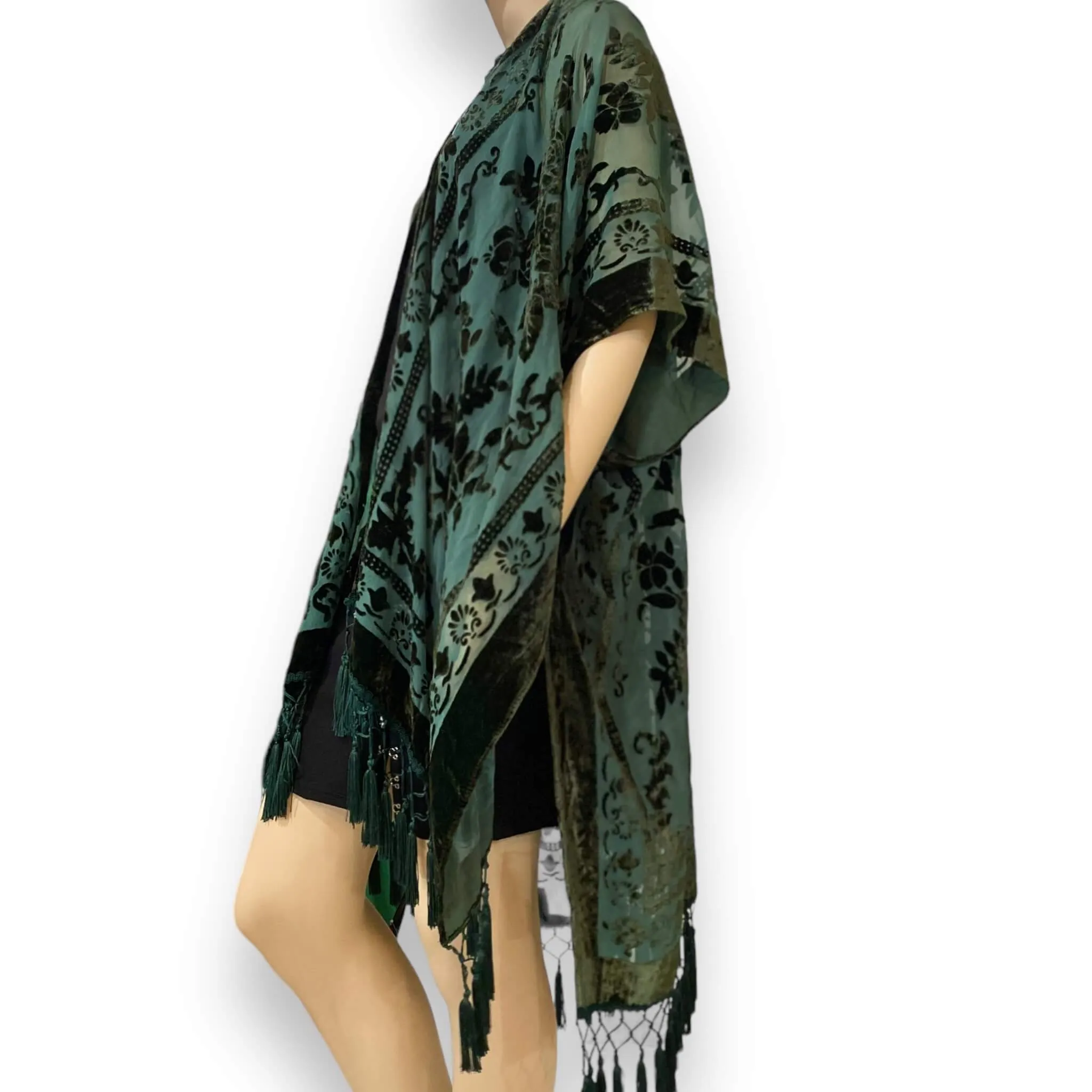 Velvet Floral Mid Length Kimono Cardigan