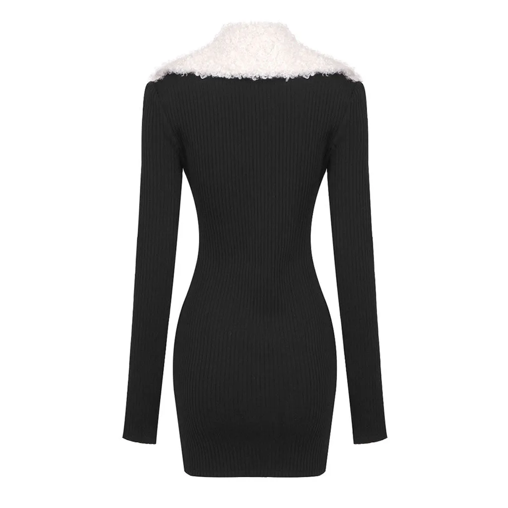 Vintage Faux Fur Collar Half Zip Winter Long Sleeve Mini Bandage Bodycon Dress