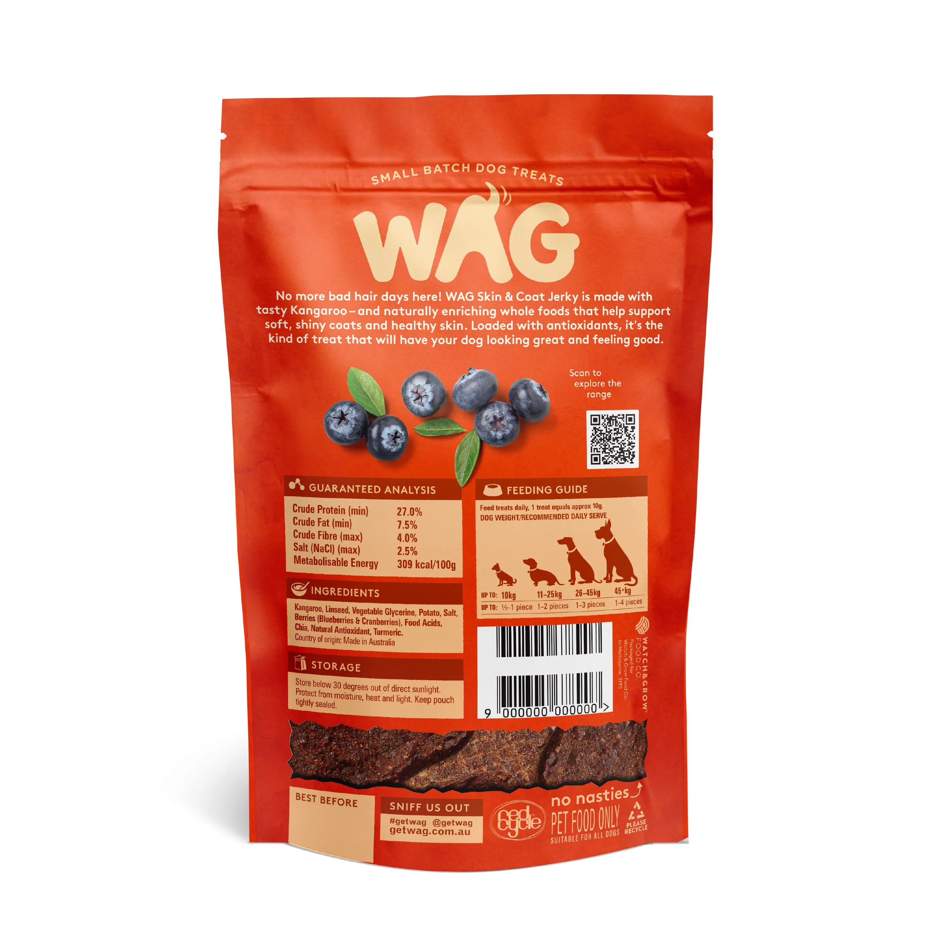 WAG Dog Treat Kangaroo Jerky Skin & Coat 10 Pack