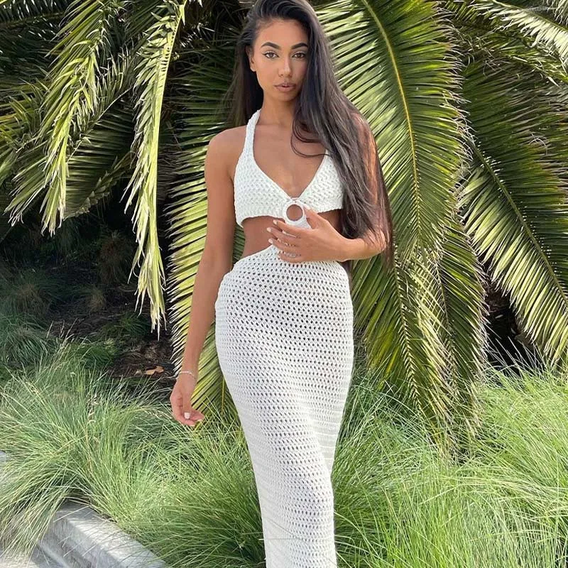 Wenkouban Maxi Dress Women Cut Out Sexy Beach Halter Backless Summer Long Dresses Female 2022 Party Elegant Knit Bodycon Vestidos