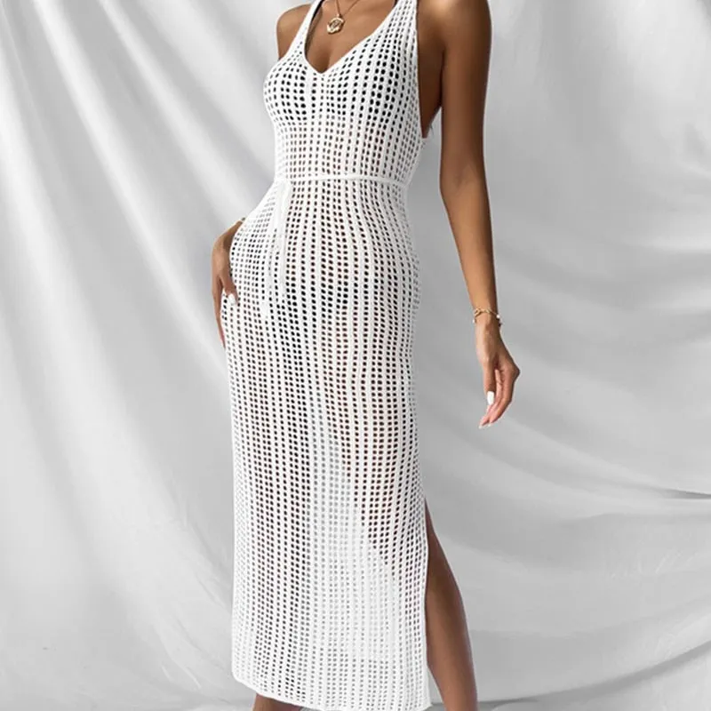 Wenkouban Maxi Dress Women Cut Out Sexy Beach Halter Backless Summer Long Dresses Female 2022 Party Elegant Knit Bodycon Vestidos