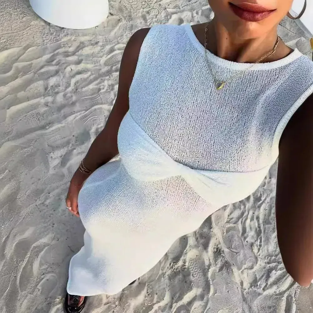 White Knitted Long Dress Women Sexy See Through Slim Beach Dress Summer Elegant Fashion Sleeveless Holiday Outfits Pink