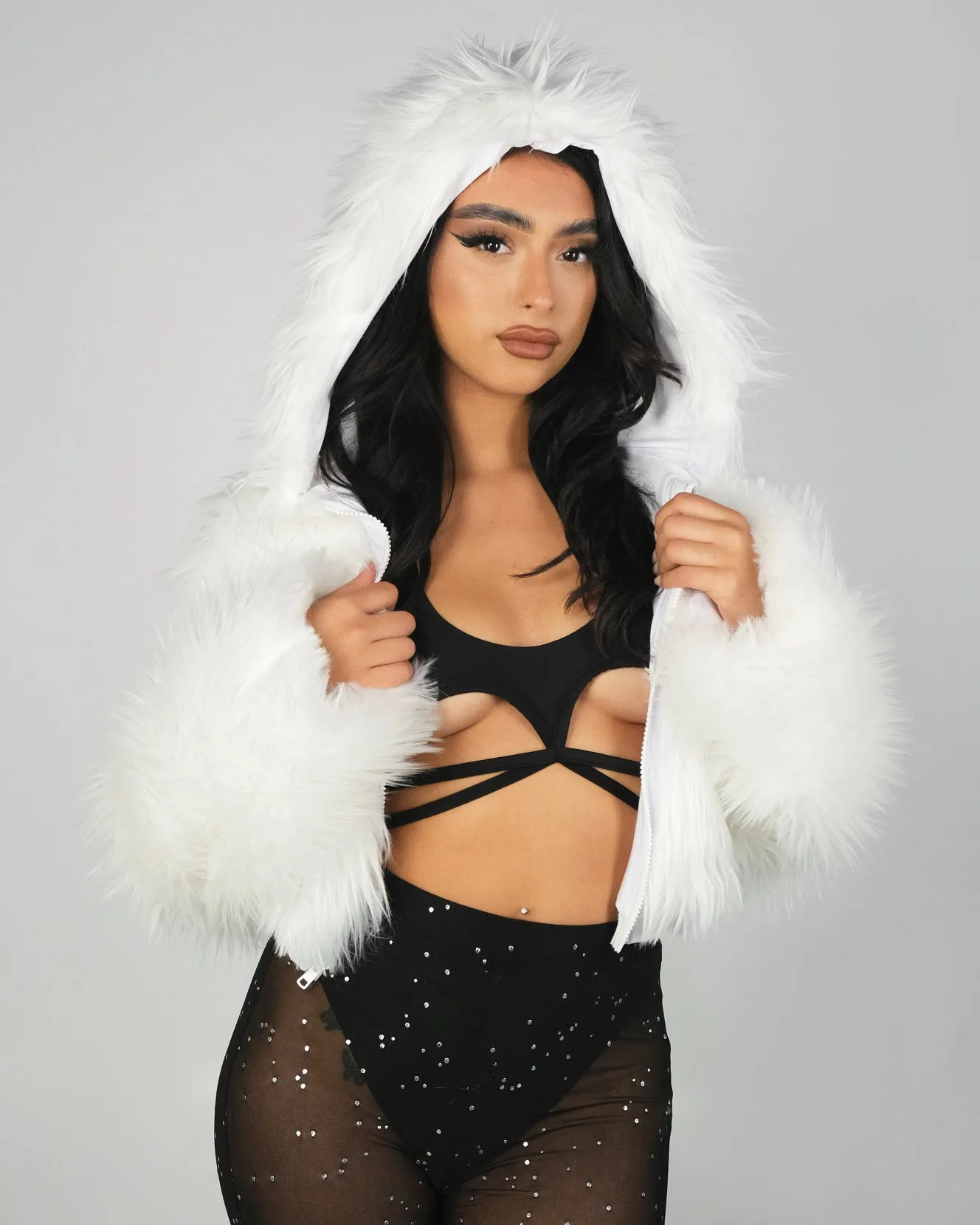 White LED White Furry Cropped Hooded Jacket