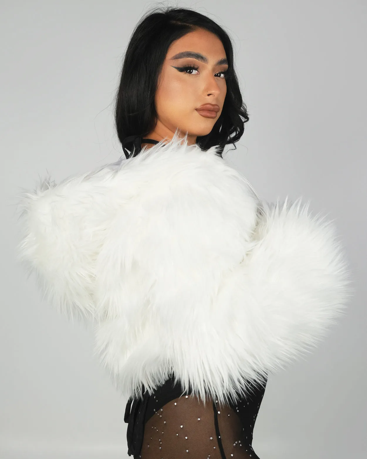 White LED White Furry Cropped Hooded Jacket