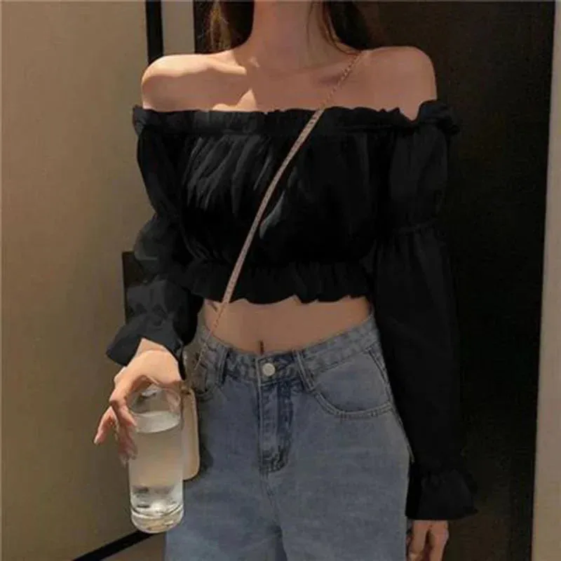 White Off Shoulder Puff Ruffle Long Sleeve Crop Tube Top Blouse