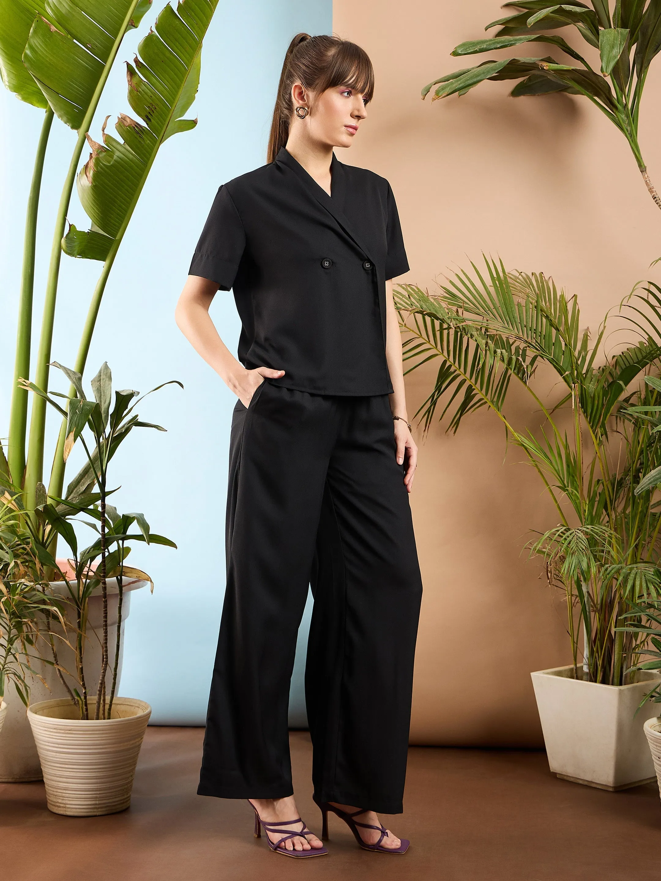 Women Black Shawl Collar Top With Pants