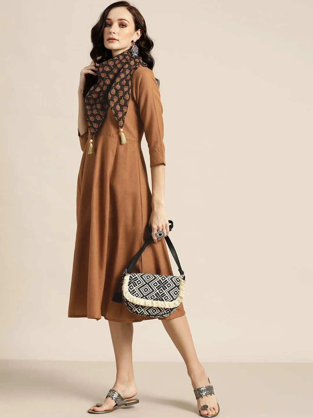 Women Brown Anarkali Dress With Printed Scarf