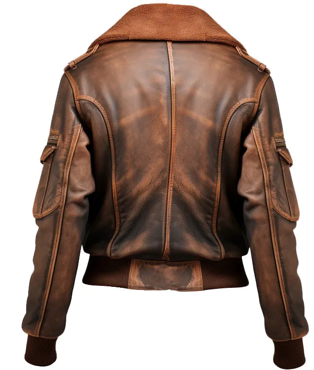 Women Brown Bomber Leather Jacket Distressed