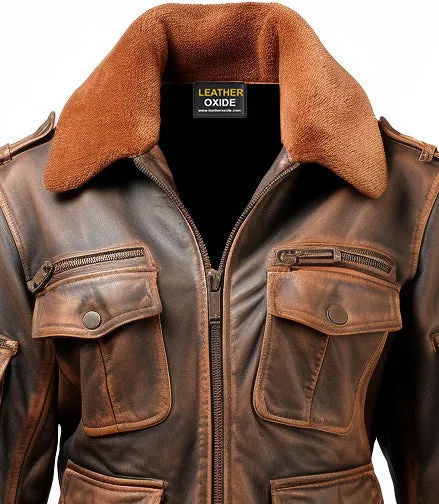 Women Brown Bomber Leather Jacket Distressed