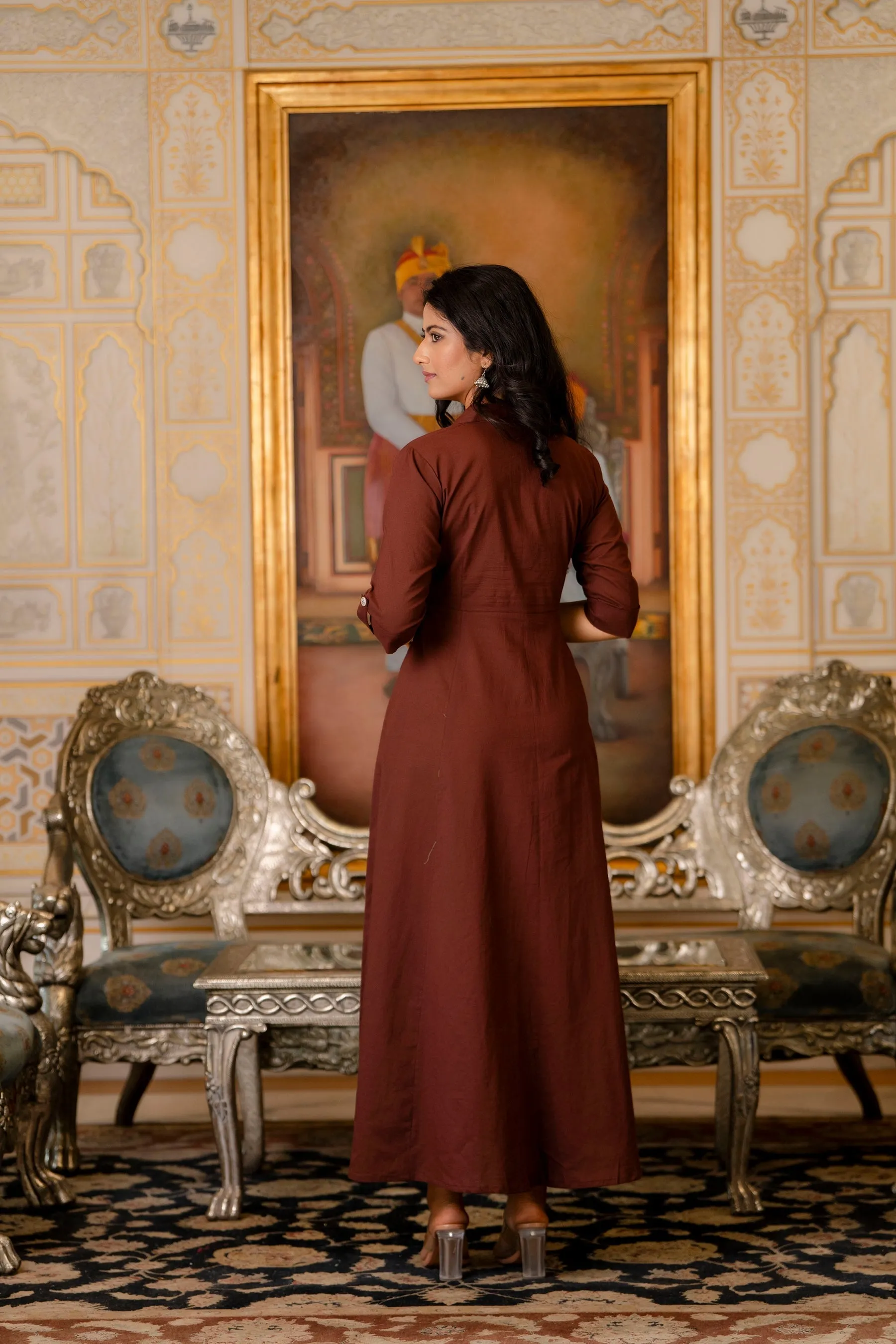 Women Chocolate Brown Maxi Dress With Shirt Collar & 3/4 Sleeves