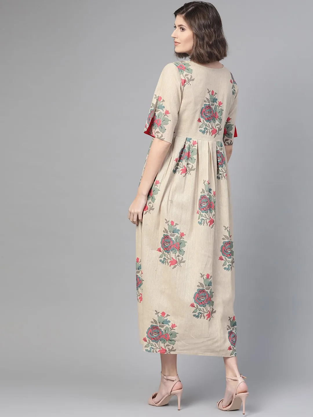 Women Cream & Coral Floral Printed Maxi Dress