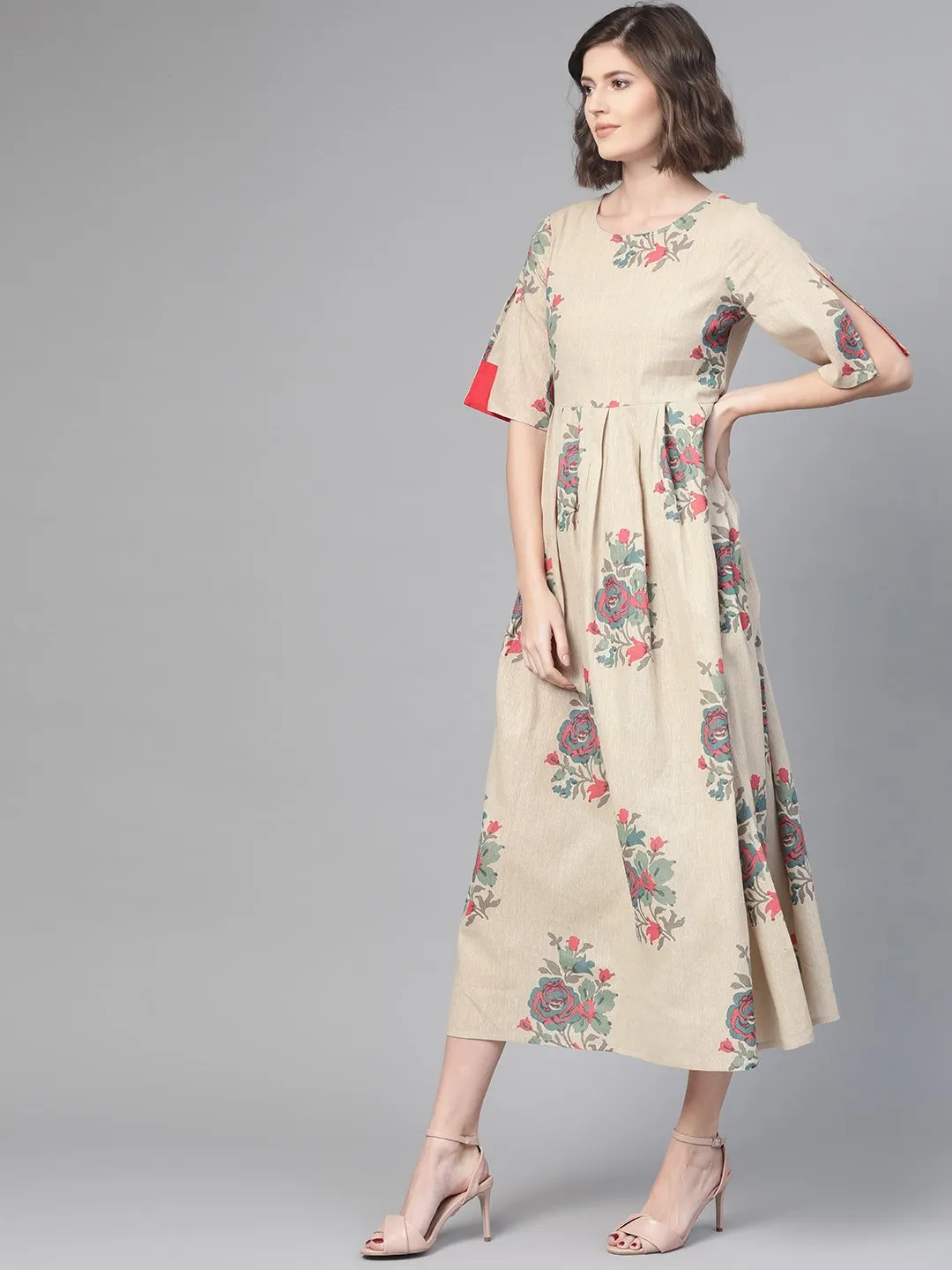 Women Cream & Coral Floral Printed Maxi Dress