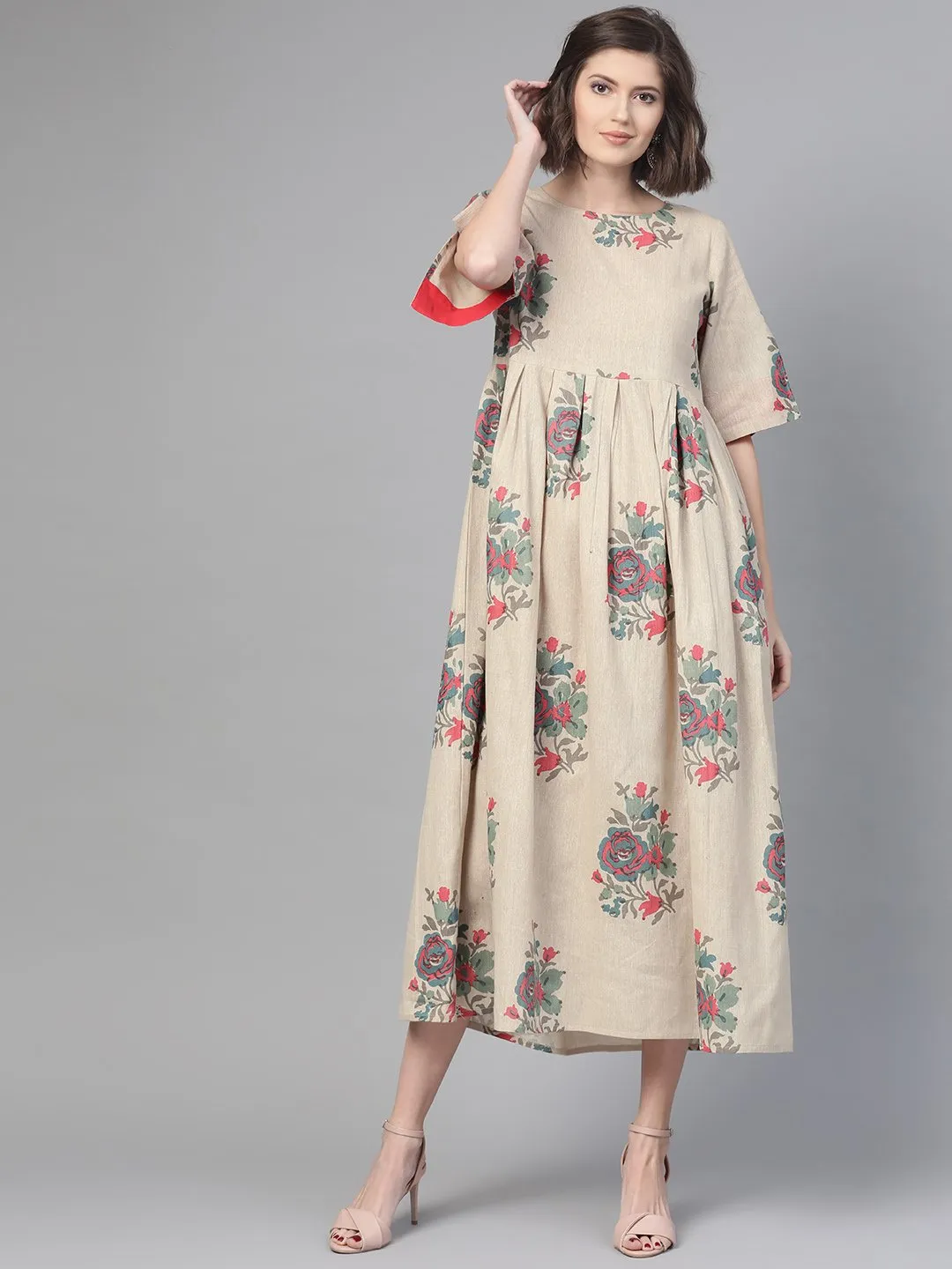 Women Cream & Coral Floral Printed Maxi Dress