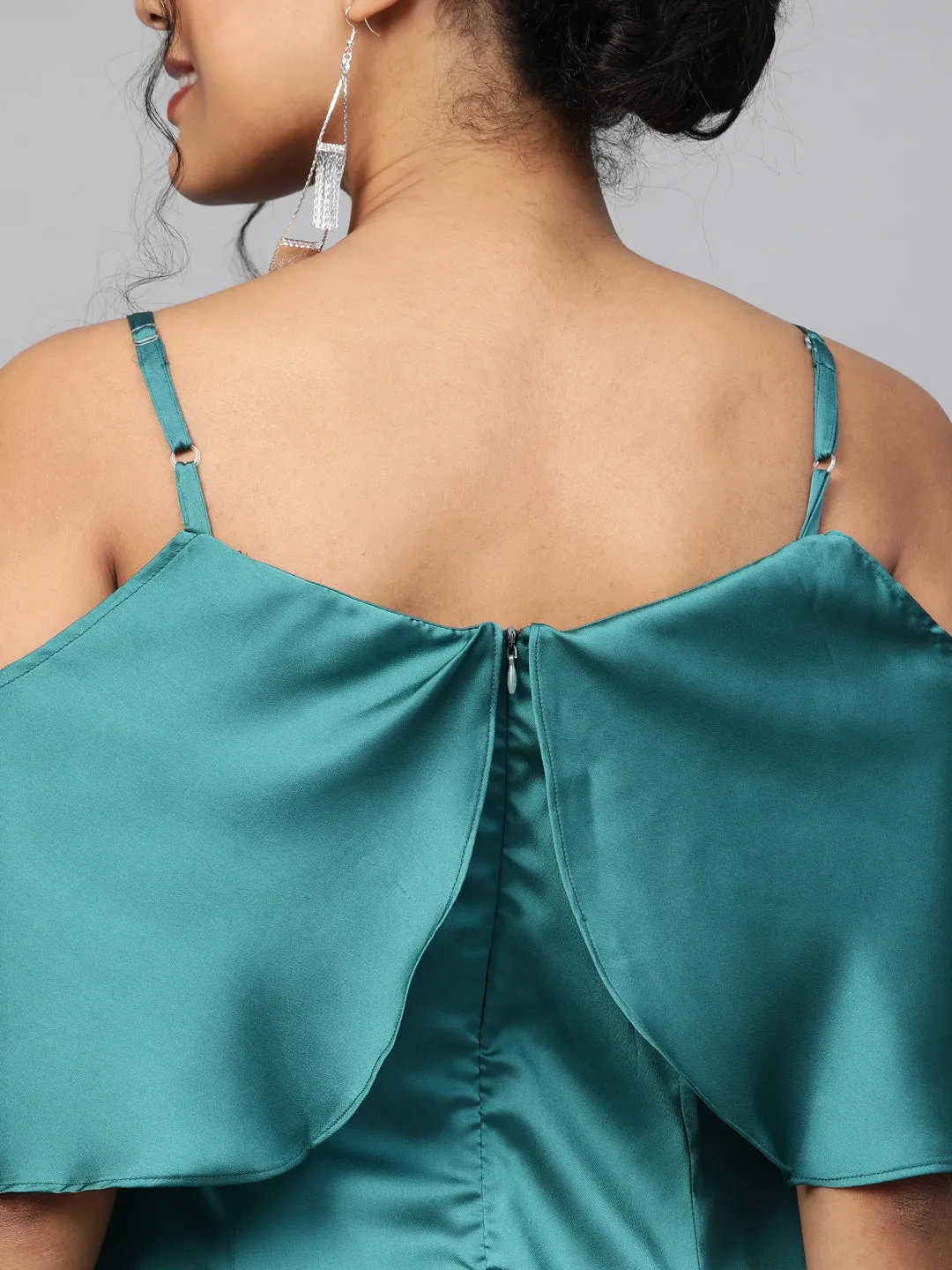 Women Emerald Green Satin Strappy Skater Dress