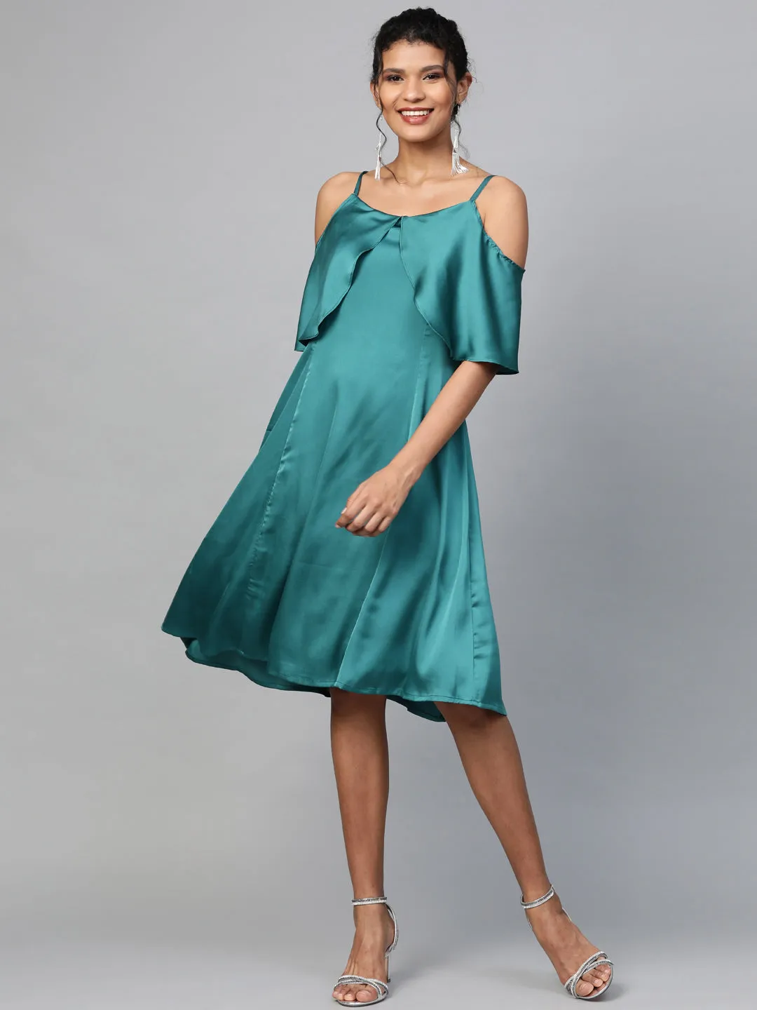 Women Emerald Green Satin Strappy Skater Dress