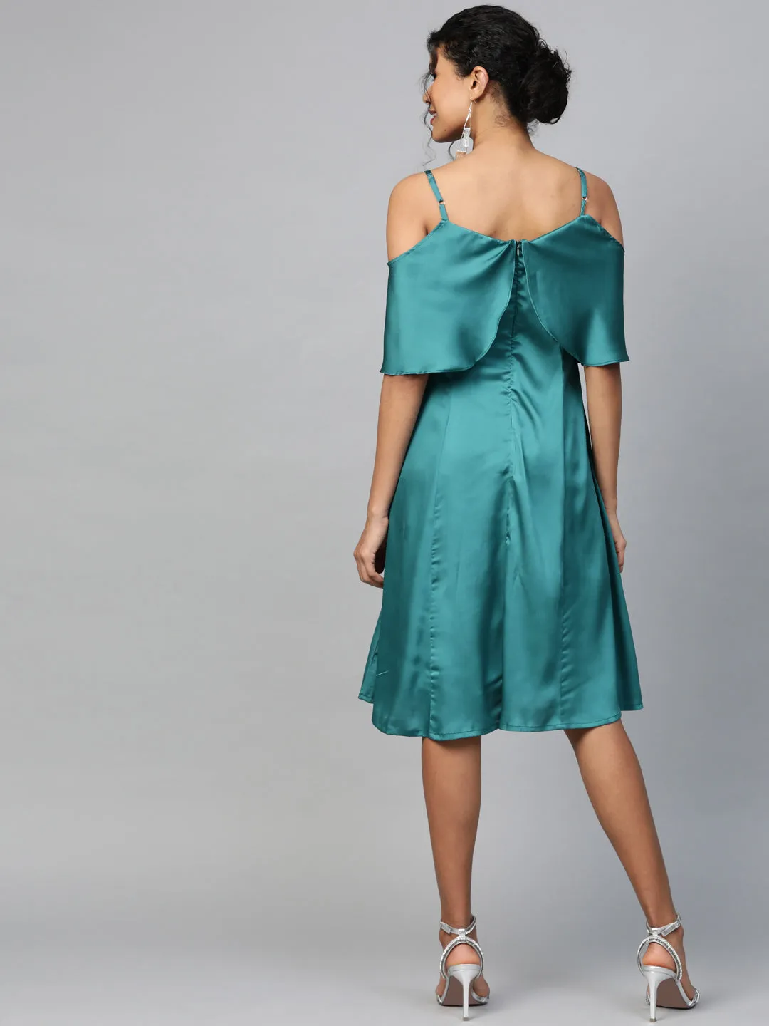 Women Emerald Green Satin Strappy Skater Dress