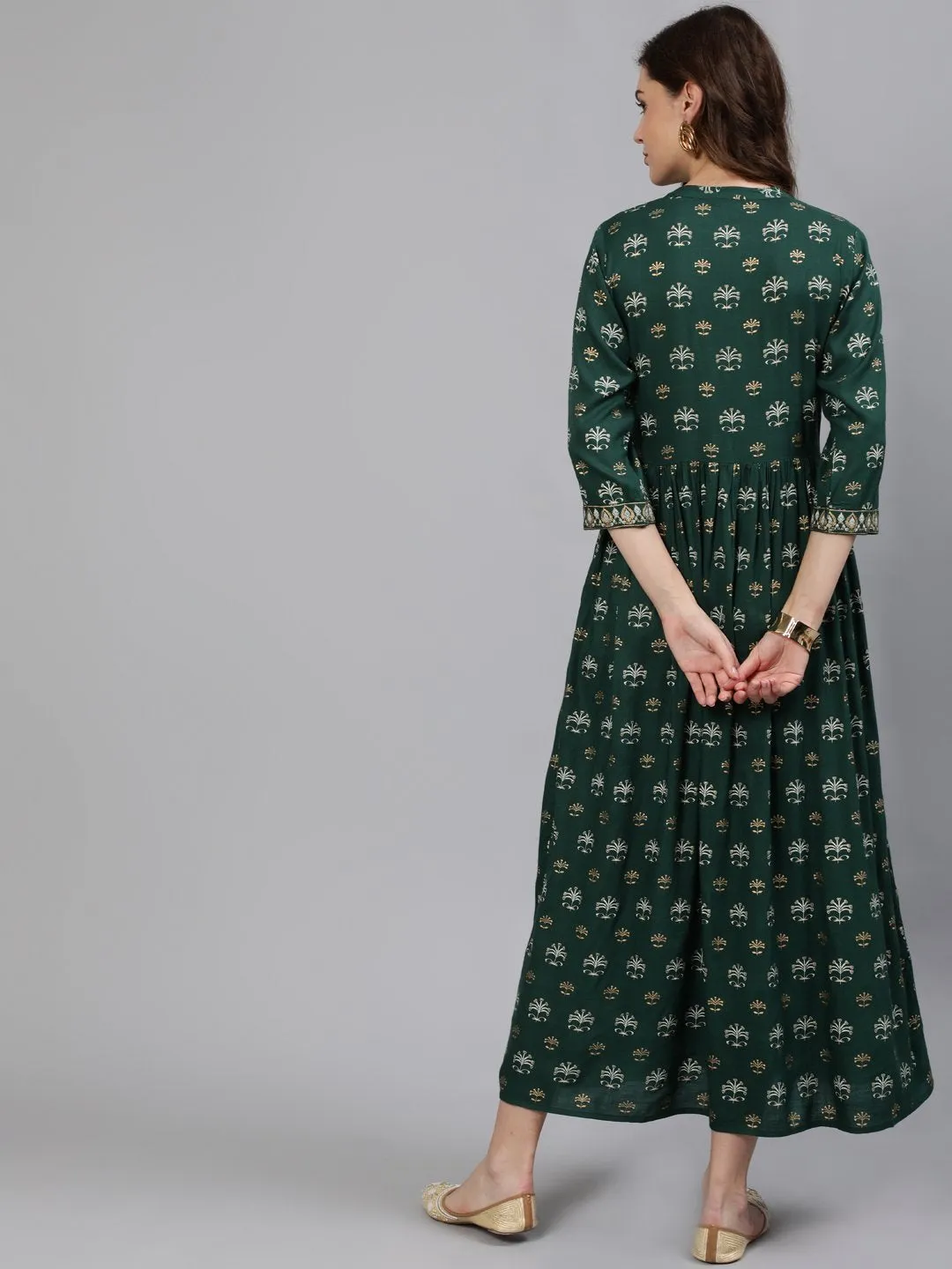 Women Green & Gold Printed Maxi Dress With Three Quarter Sleeves