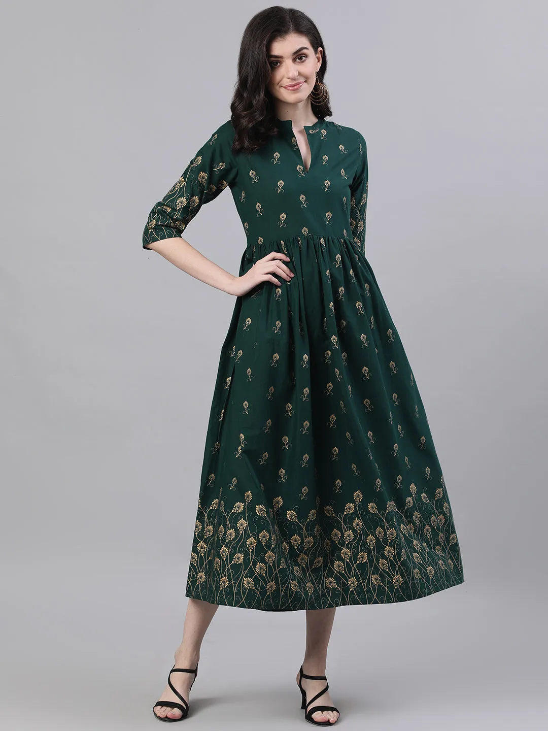 Women Green Ethnic Motifs Printed Mandarin Collar Cotton Maxi Dress