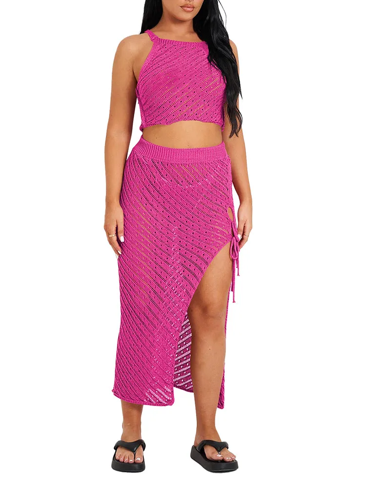 Women Knit Hollow Out Crochet Cover Up Tank Top Long Skirt Beach Cover Ups