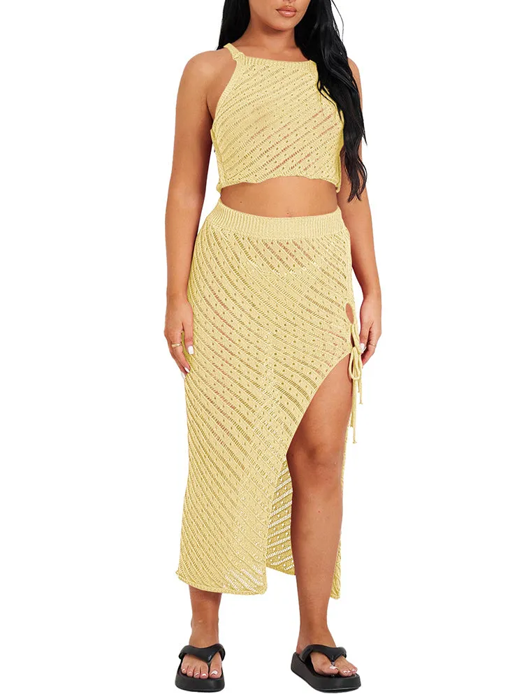 Women Knit Hollow Out Crochet Cover Up Tank Top Long Skirt Beach Cover Ups