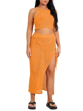 Women Knit Hollow Out Crochet Cover Up Tank Top Long Skirt Beach Cover Ups