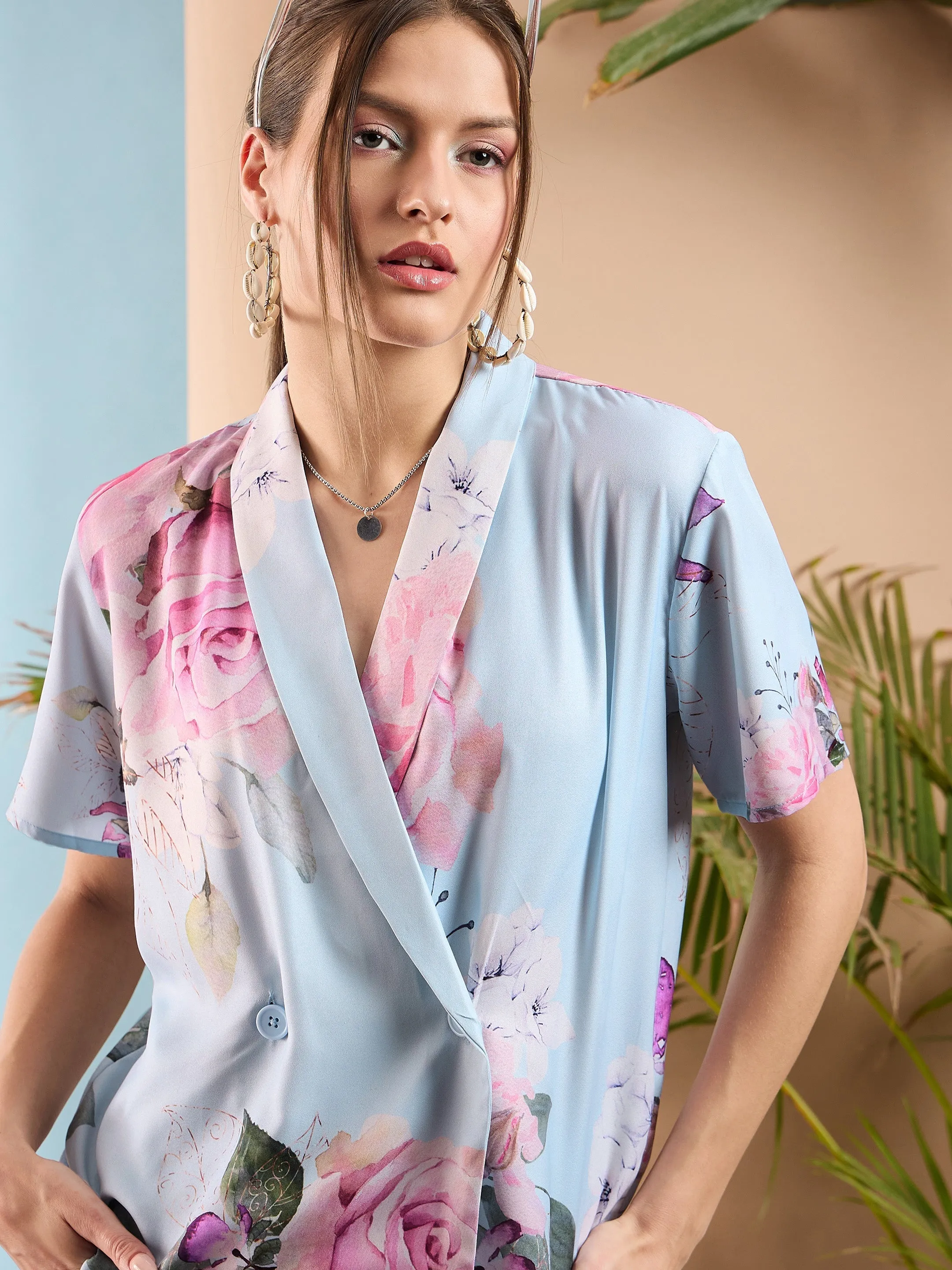 Women Light Blue Floral Shawl Collar Top With Pants