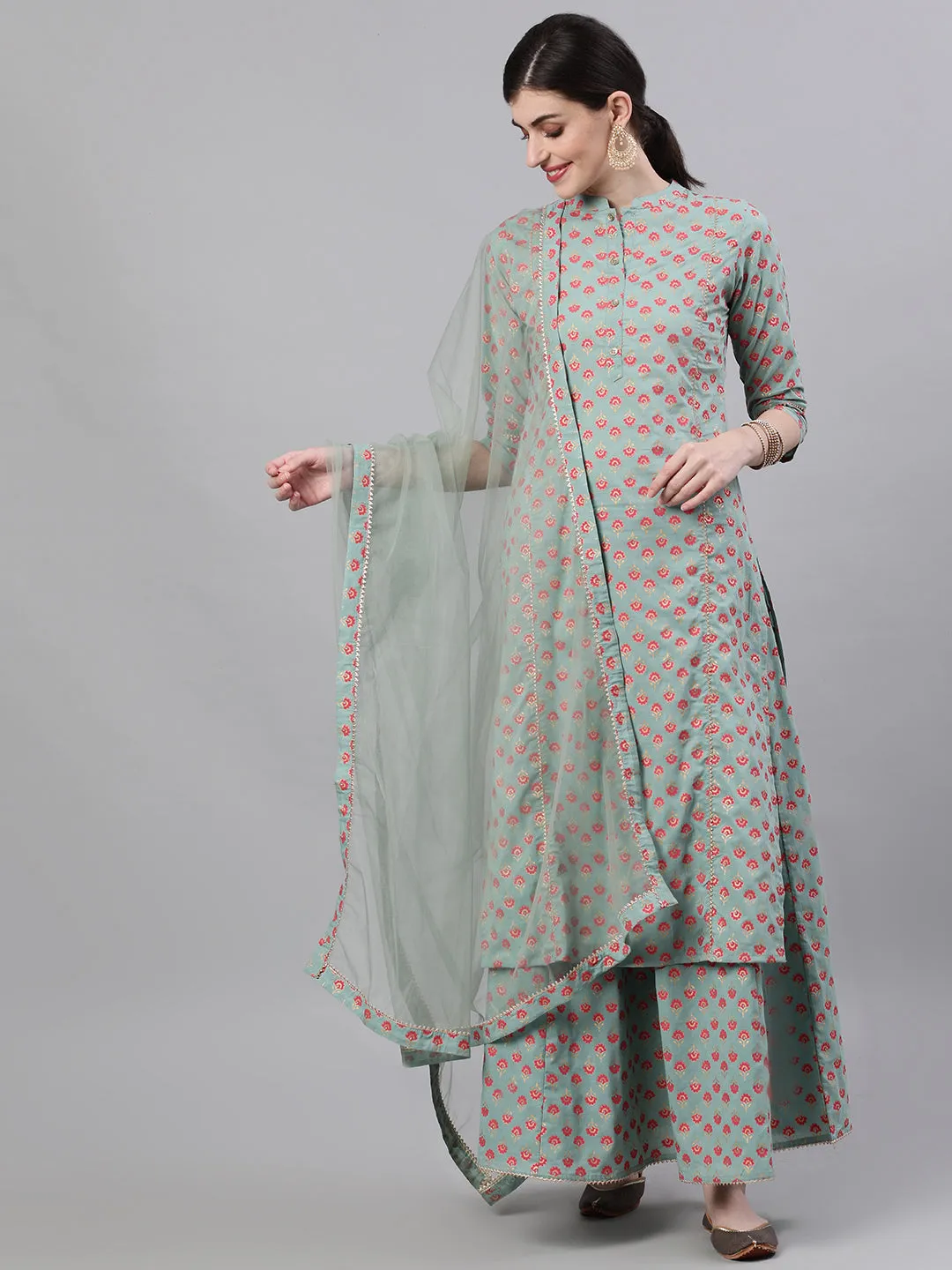 Women Light Green Three-Quarter Sleeves Straight Kurta Skirt Set With Dupatta