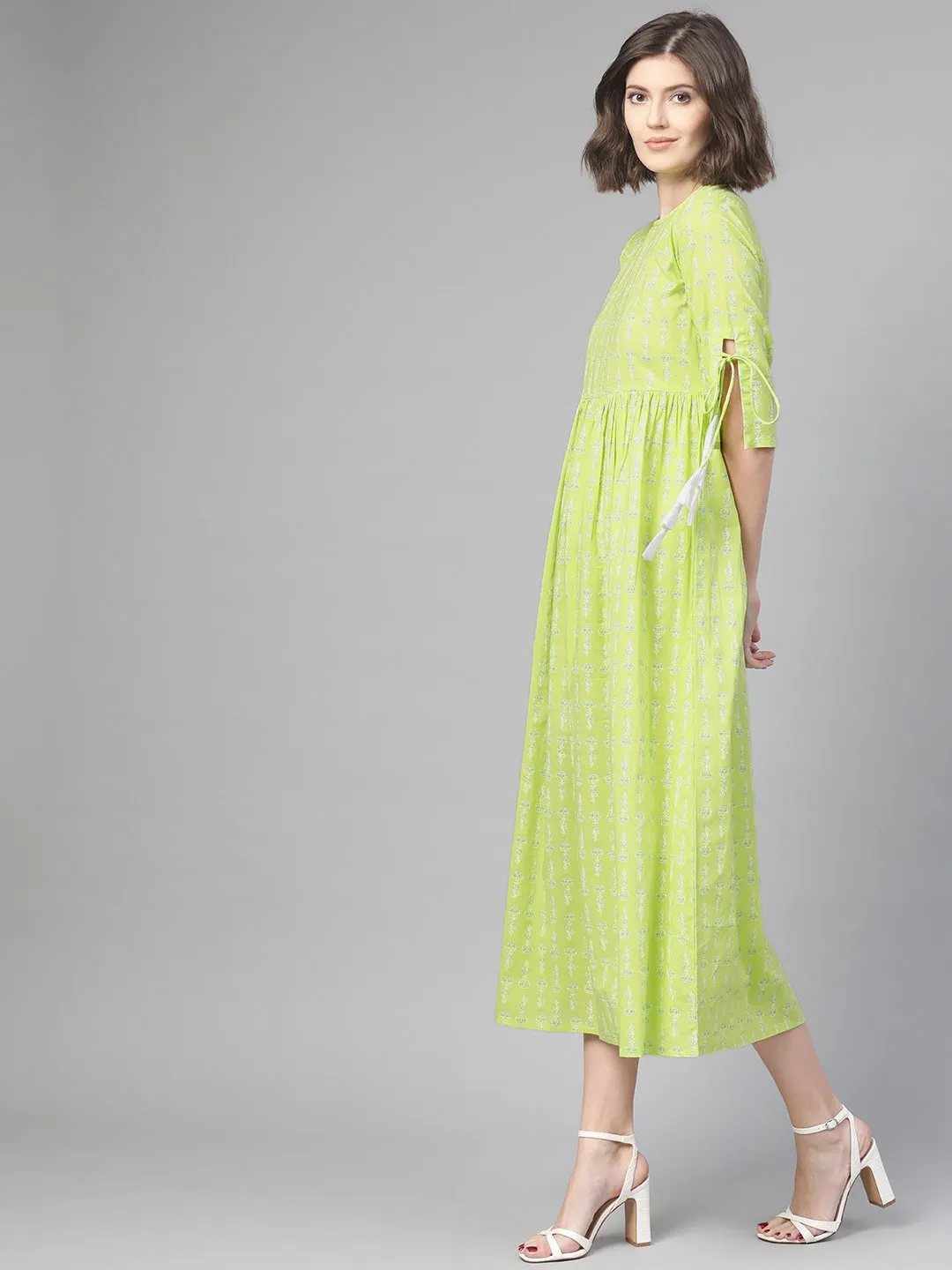 Women Lime Green & White Ethnic Motifs Printed Maxi Dress