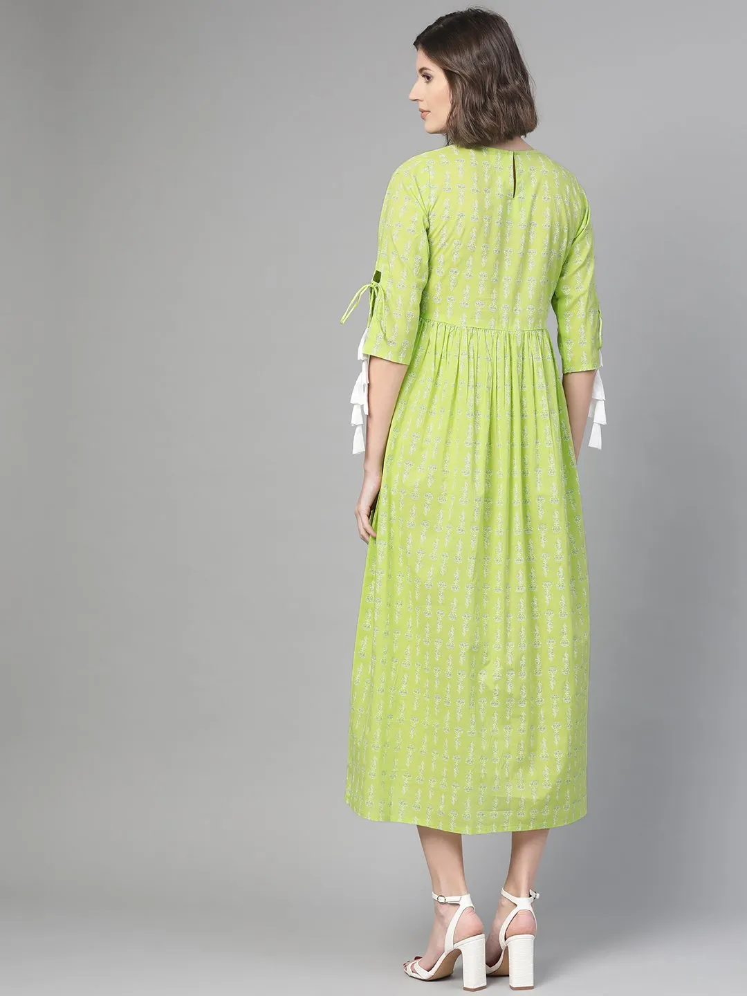 Women Lime Green & White Ethnic Motifs Printed Maxi Dress