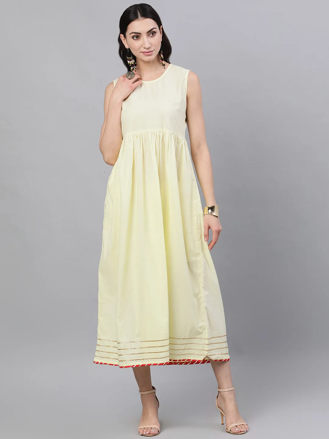 Women Lime Yellow Self Design Self Design V-Neck Polyester Maxi Dress With Dupatta