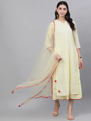 Women Lime Yellow Self Design Self Design V-Neck Polyester Maxi Dress With Dupatta