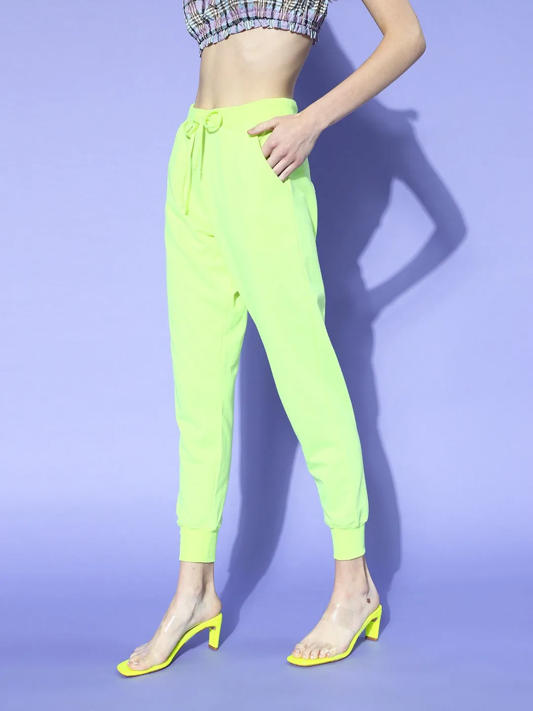 Women Neon Green Drawstring Basic Joggers