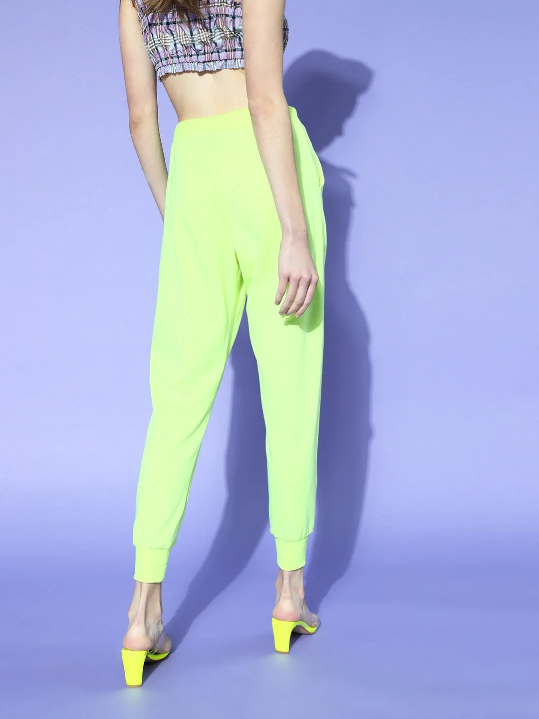 Women Neon Green Drawstring Basic Joggers