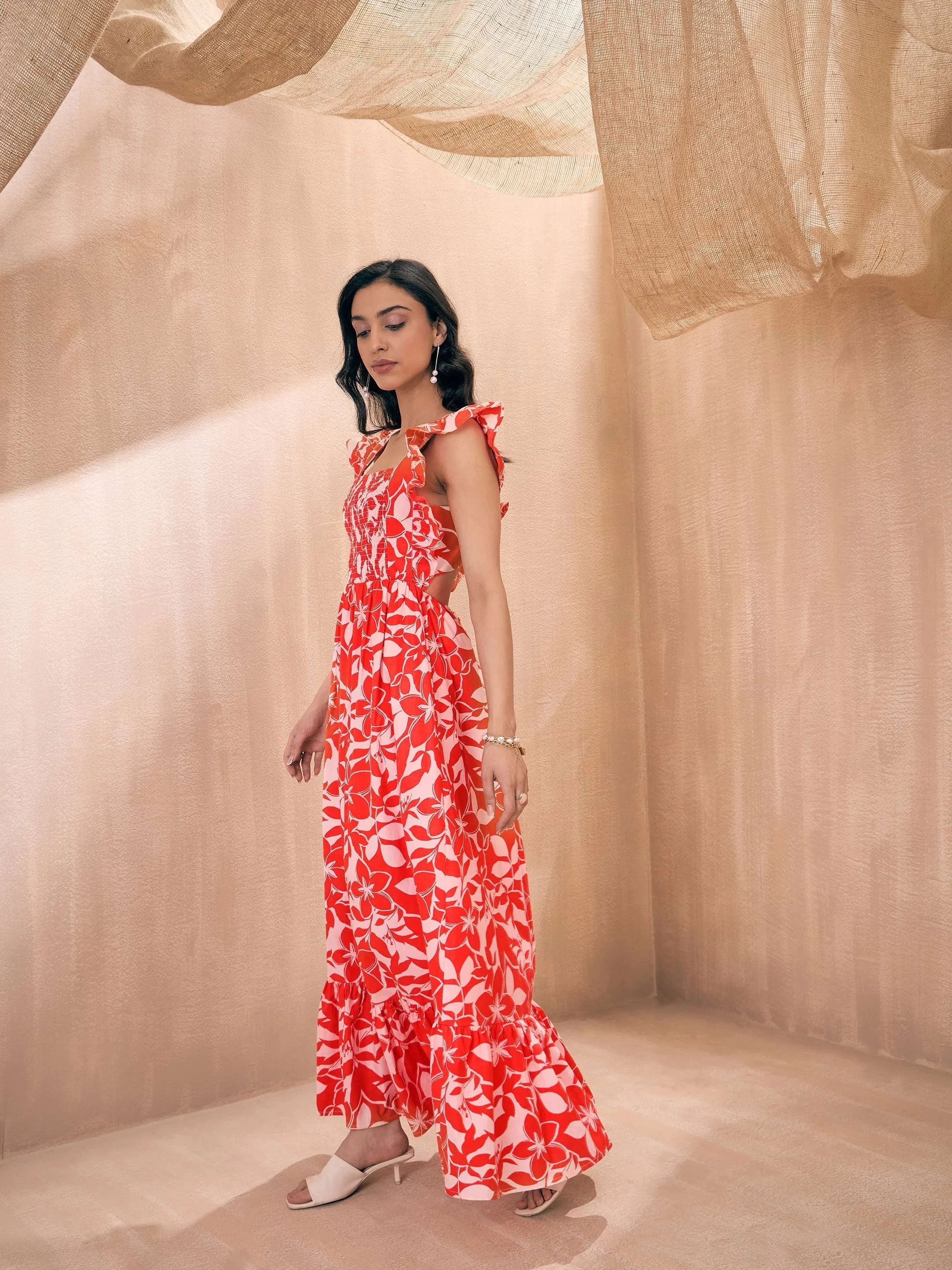 Women Orange Floral Back Knot Frill Maxi