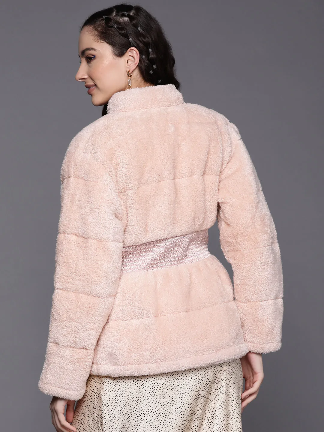 Women Pink Elasticated Waistband Quilted Fur Jacket