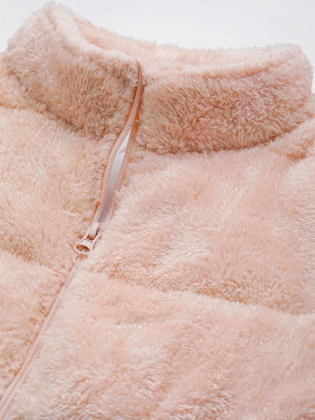 Women Pink Elasticated Waistband Quilted Fur Jacket