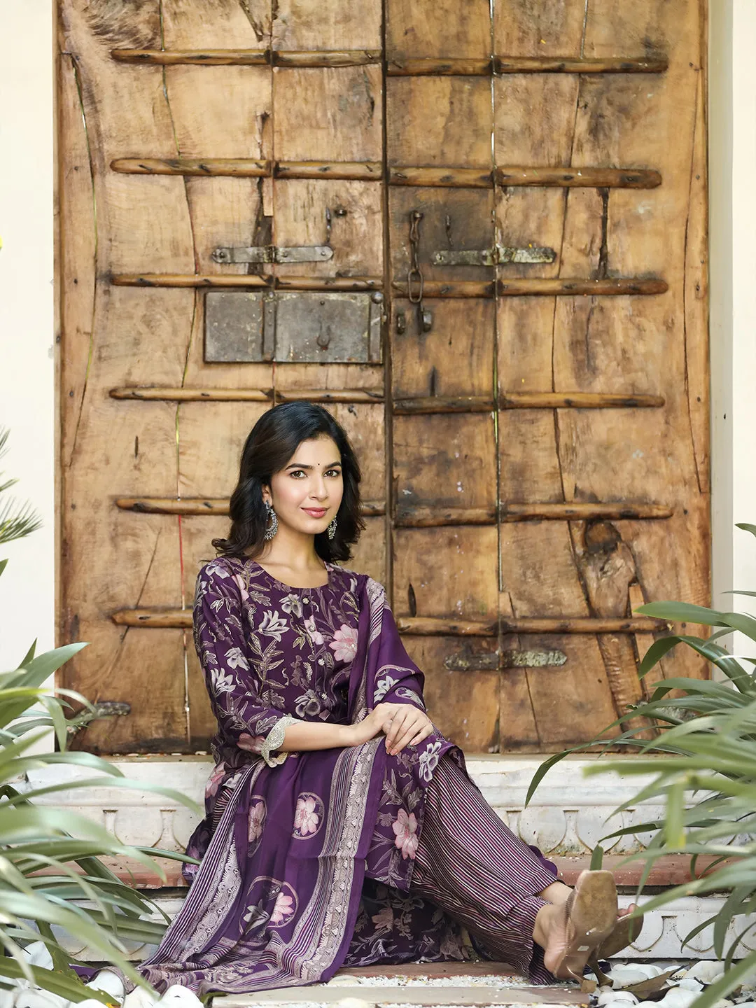 Women Purple Chanderi Silk Kurta Set With Dupatta