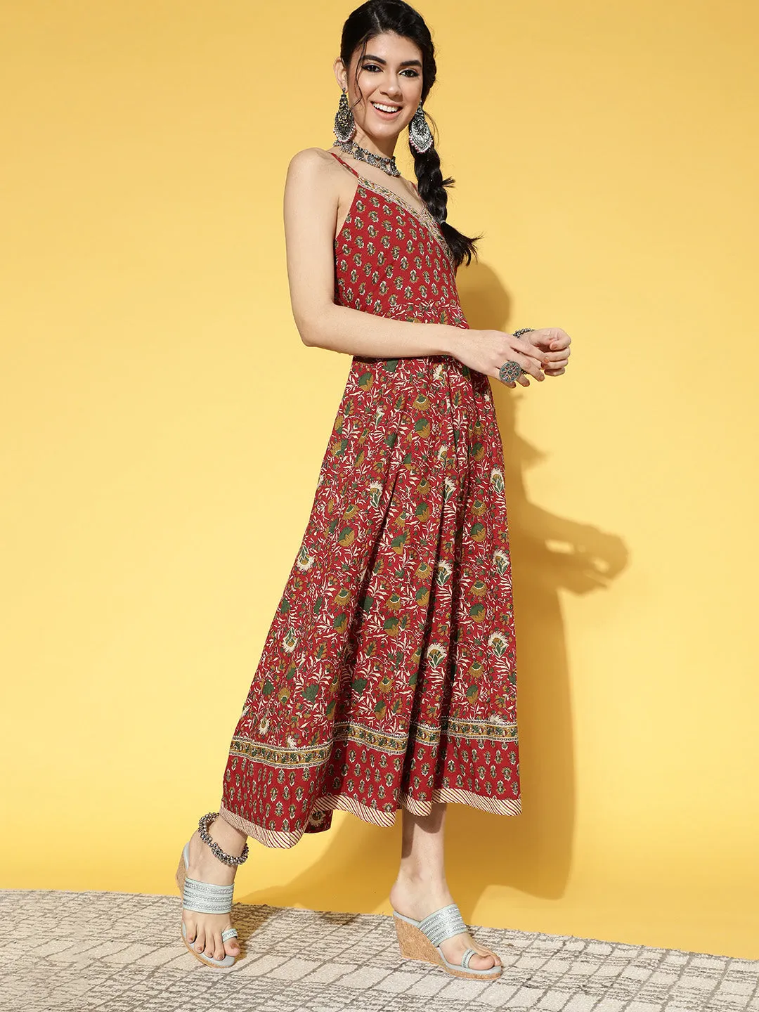 Women Red & Brown Floral Printed Pure Cotton A-Line Maxi Dress