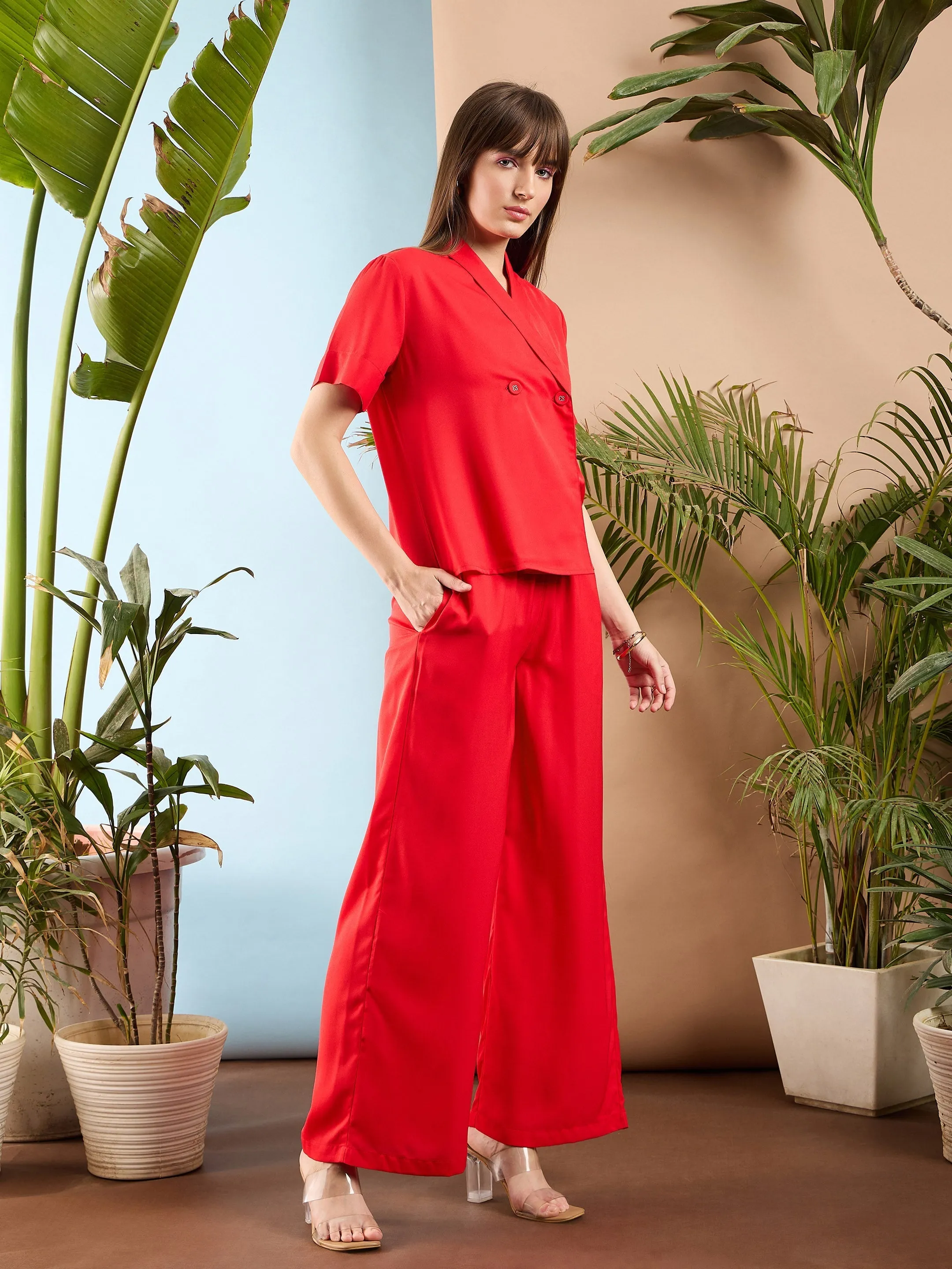 Women Red Shawl Collar Top With Pants