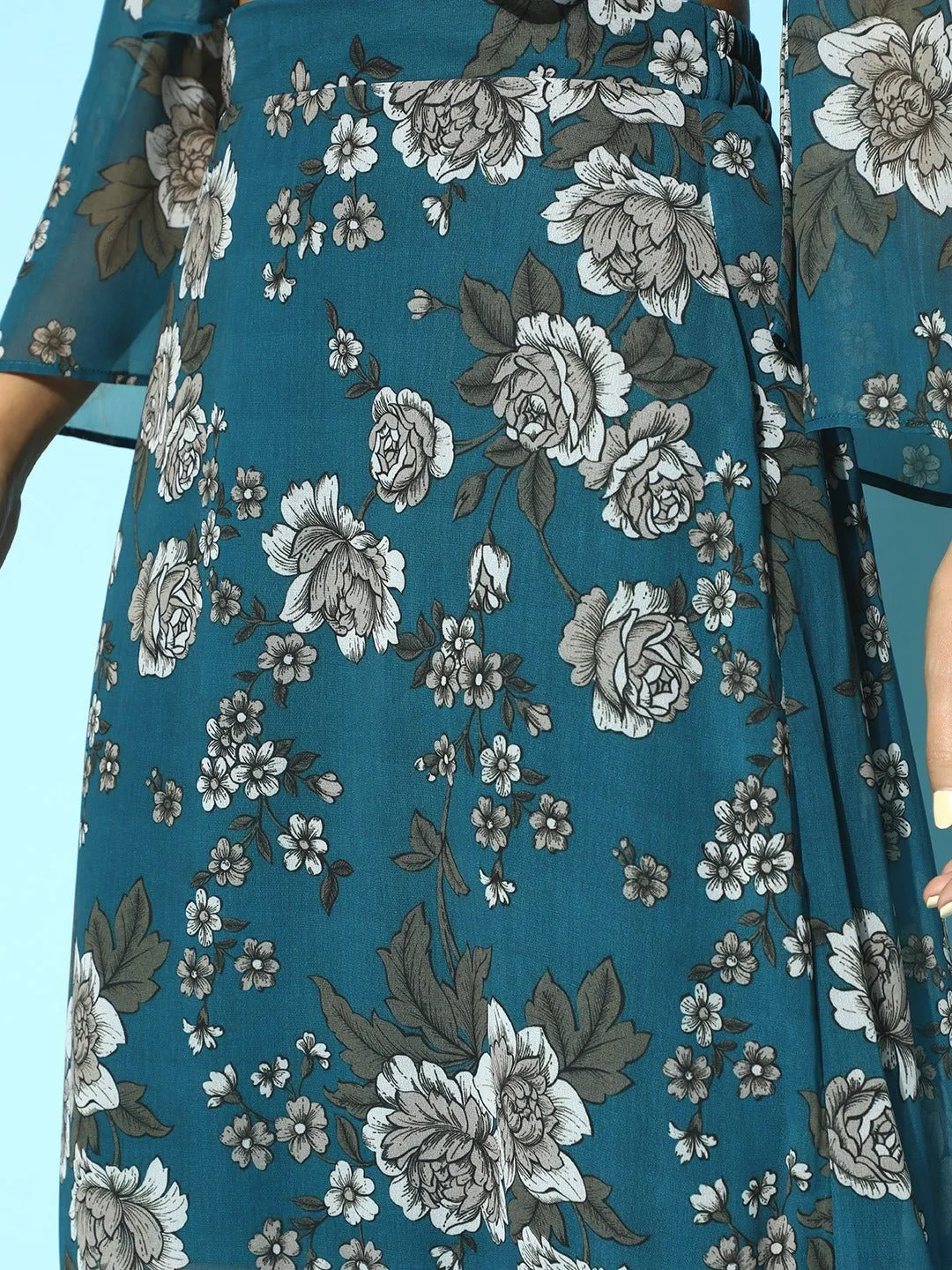 Women Teal Blue Floral High Low Skirt