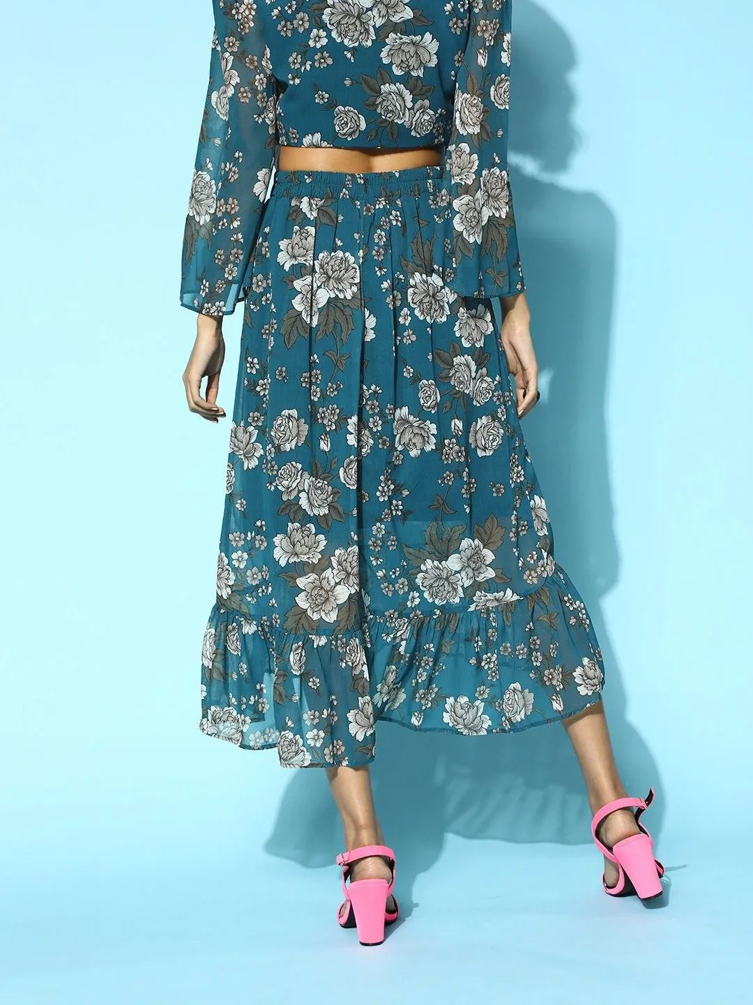 Women Teal Blue Floral High Low Skirt