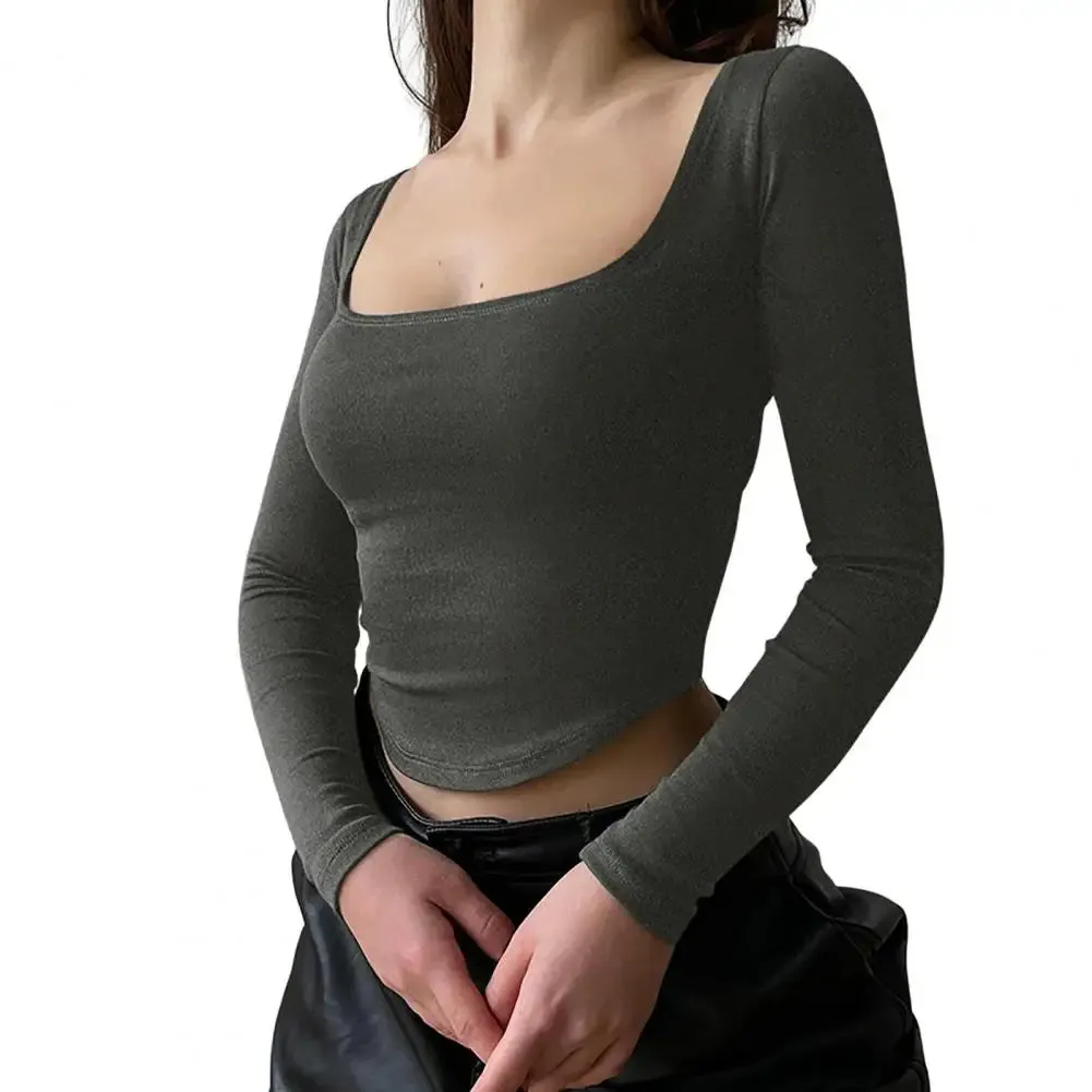 Women U-Neck Sleeves Solid Color Skinny Navel Crop Top