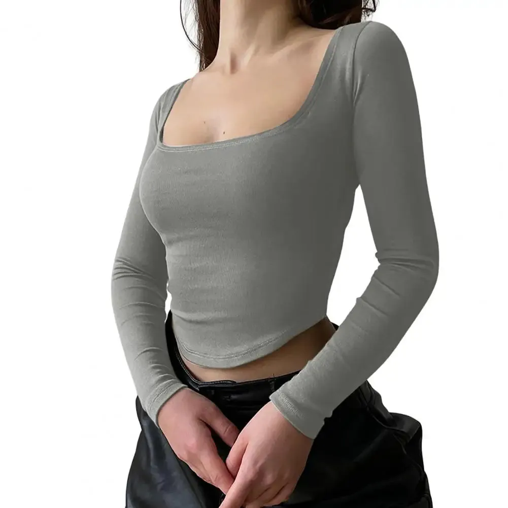 Women U-Neck Sleeves Solid Color Skinny Navel Crop Top