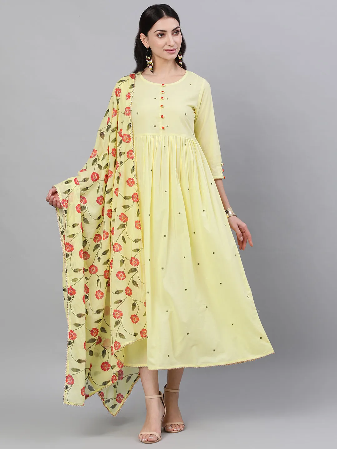 Women Yellow Solid Solid Round Neck Cotton Maxi Dress With Dupatta