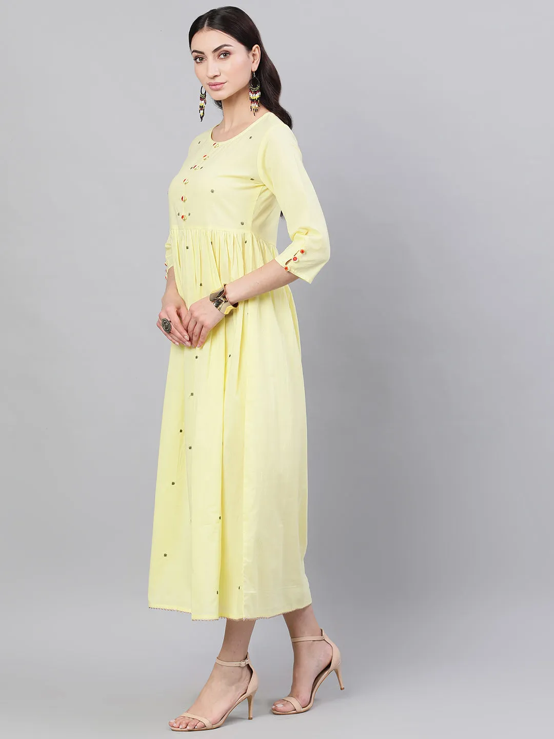 Women Yellow Solid Solid Round Neck Cotton Maxi Dress With Dupatta