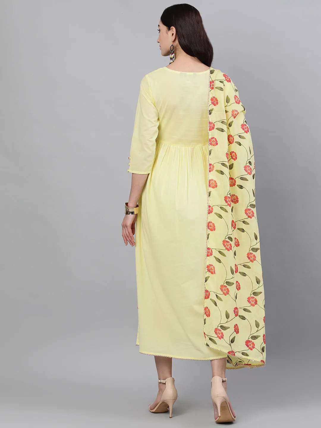 Women Yellow Solid Solid Round Neck Cotton Maxi Dress With Dupatta