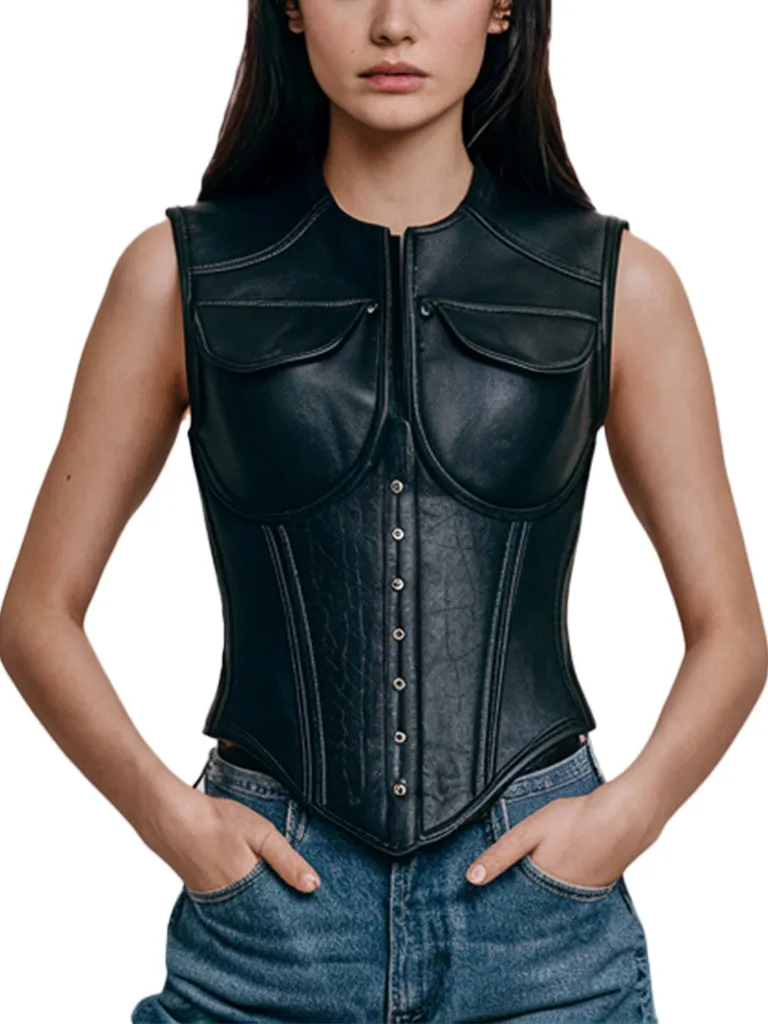 Women's Black Leather Corset Vest