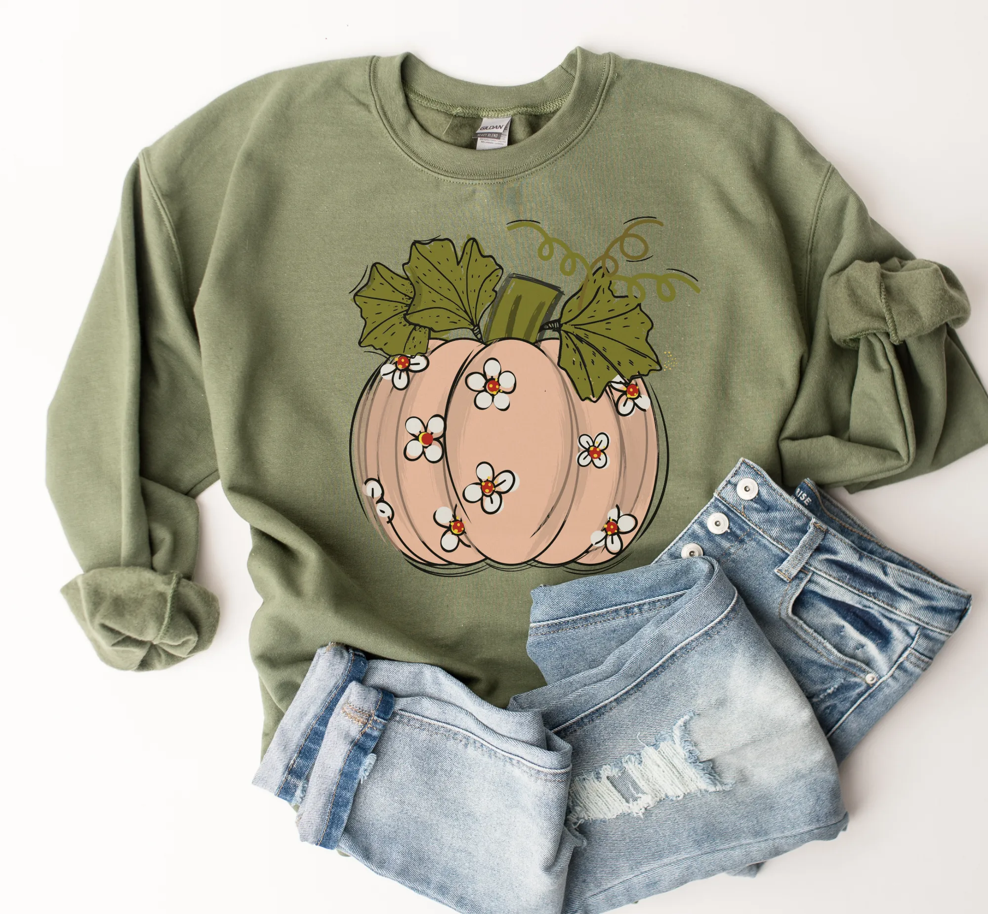 Women's Fall Hand Drawn Pumpkin Design Pink Pumpkin with Daisies Pullover Sweatshirt